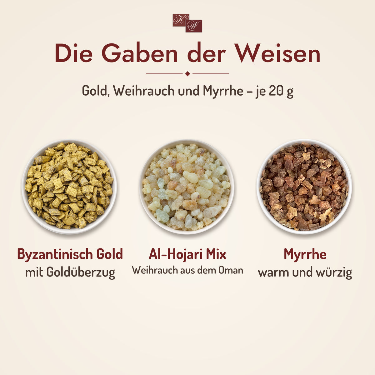 Räucherset Gold, Weihrauch, Myrrhe mit roter Schale – im Set je 20 g: Byzantinisch Gold, Al-Hojari Mix, Myrrhe