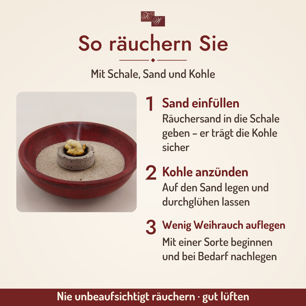 Räucherset Gold, Weihrauch, Myrrhe mit roter Schale – so räuchern Sie in drei Schritten