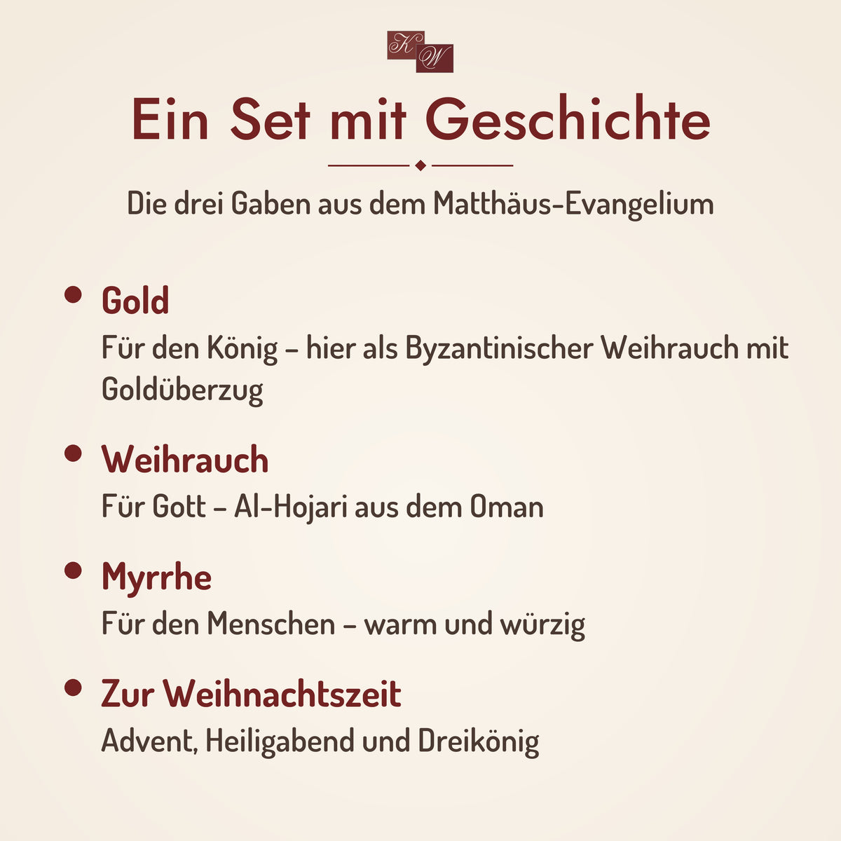 Räucherset Gold, Weihrauch, Myrrhe mit roter Schale – Ein Set mit Geschichte: Gold, Weihrauch, Myrrhe, Zur Weihnachtszeit