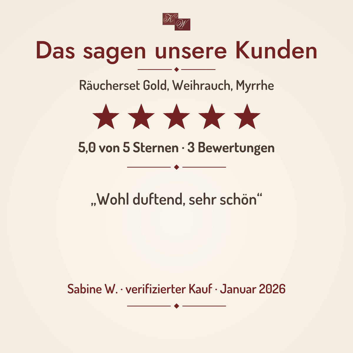 Räucherset Gold, Weihrauch, Myrrhe mit roter Schale – Kundenstimme: „Wohl duftend, sehr schön“