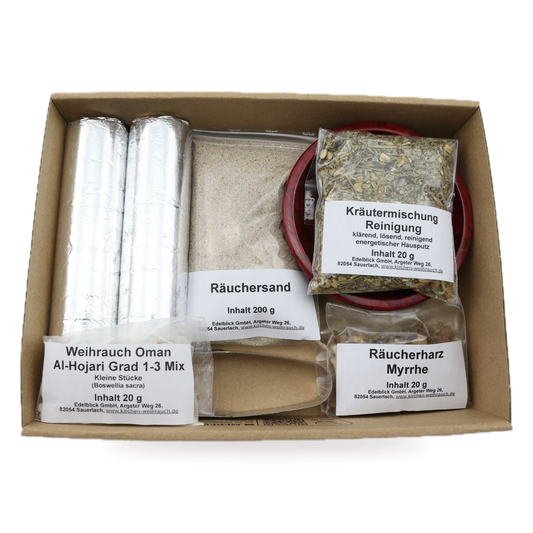 Räucherset Hausreinigung mit Specksteinschale: geöffneter Geschenkkarton mit Schale, Räucherwerk, Räuchersand und Räucherkohle