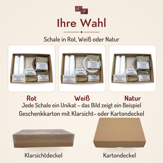 Räucherset Hausreinigung mit Specksteinschale – Ihre Wahl: Schale in Rot, Weiß oder Natur, Geschenkkarton mit Klarsicht- oder Kartondeckel