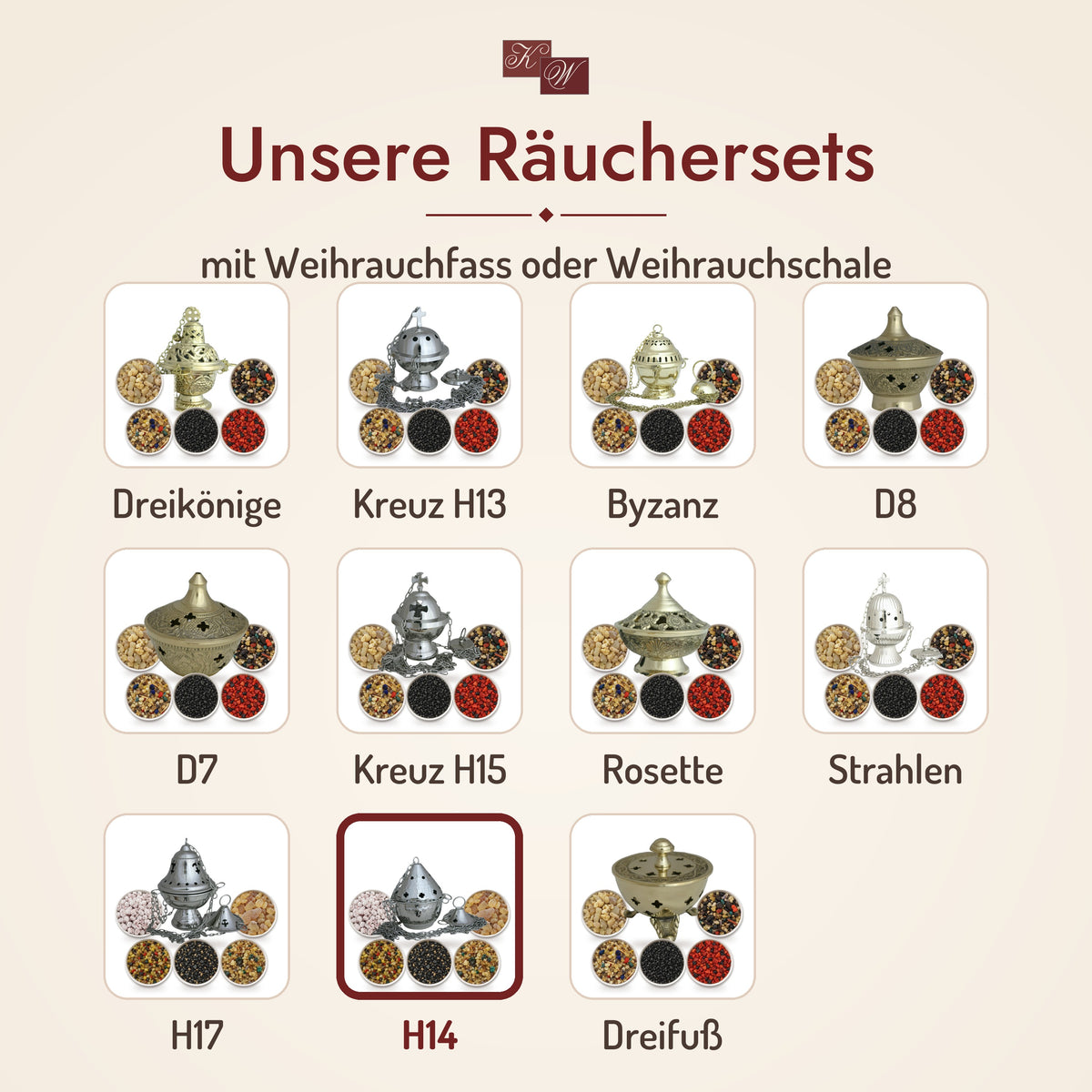 Räucherset H14 mit gehämmertem Weihrauchfass – Auswahl unserer Räuchersets