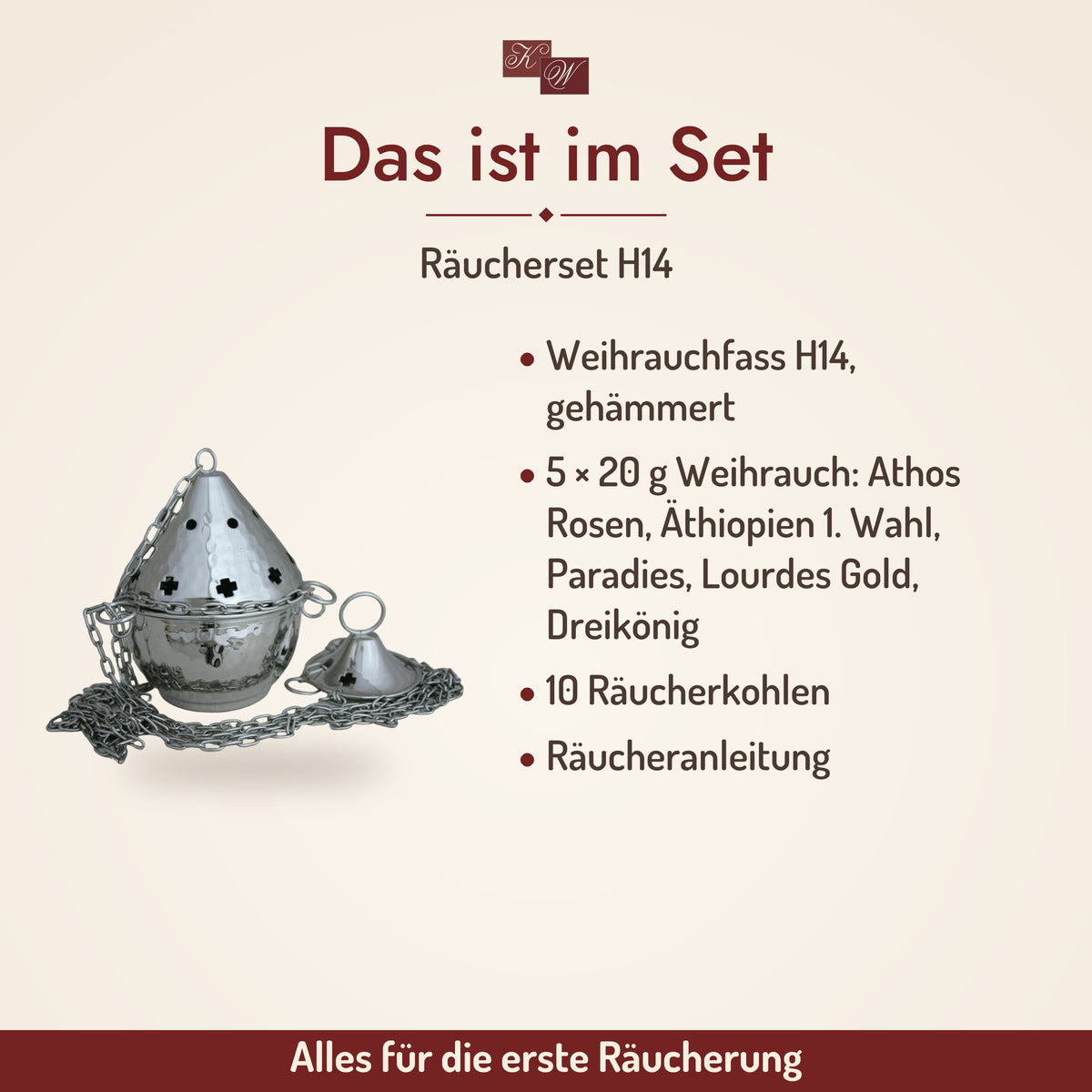 Räucherset H14 mit gehämmertem Weihrauchfass – Lieferumfang: Weihrauchfass H14, gehämmert, 5 × 20 g Weihrauch: Athos Rosen, Äthiopien 1. Wahl, Paradies, Lourdes Gold, Dreikönig, 10 Räucherkohlen, Räucheranleitung