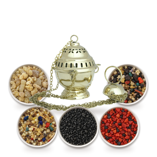 Räucherset Byzanz mit Weihrauchfass aus Messing: Weihrauchfass Byzanz mit fünf Schalen Weihrauch – Oman Ecclesia, Arabisch Dunkel, Arabisch Hell, Lourdes Schwarz, Salomon