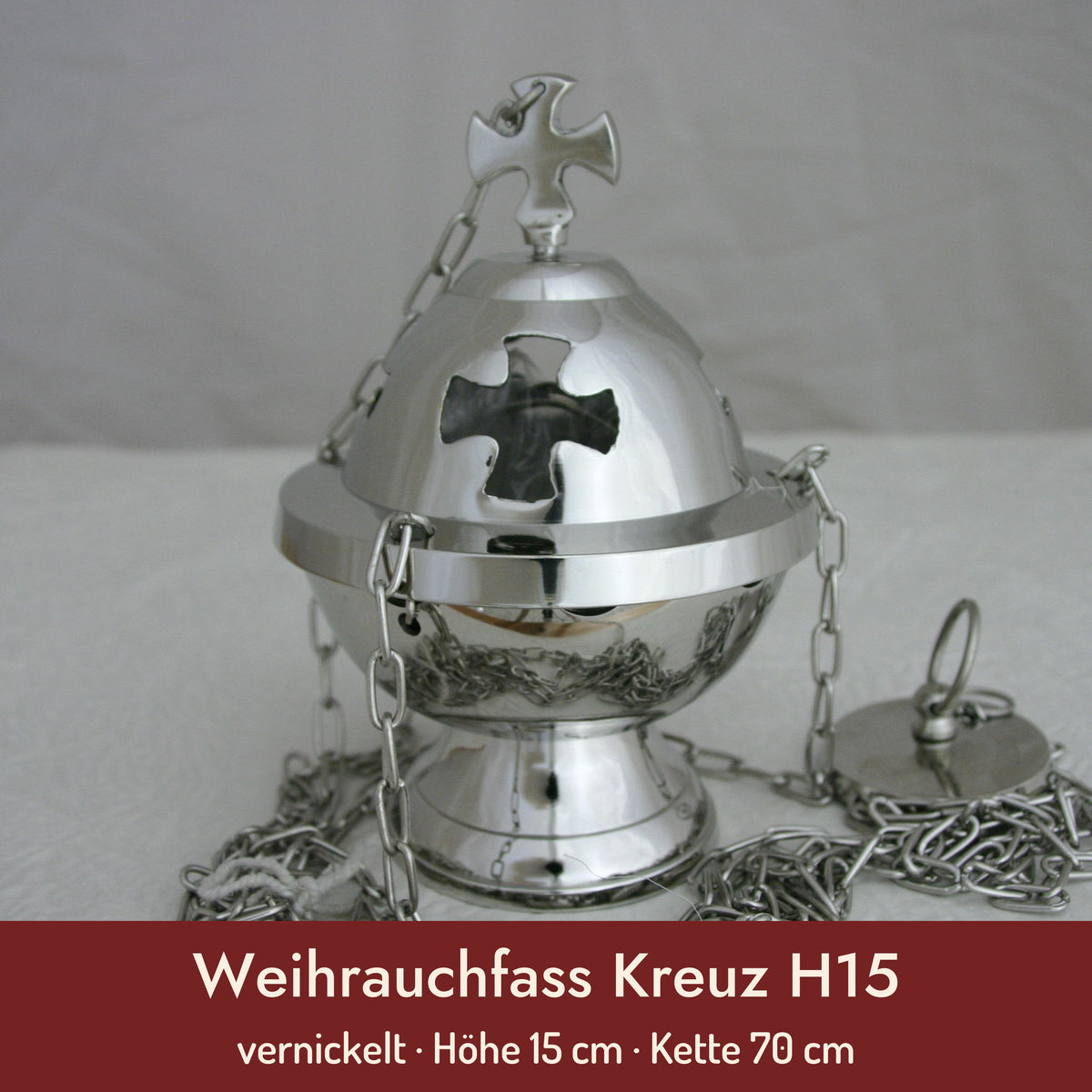 Weihrauchfass Kreuz H15 – vernickelt · Höhe 15 cm · Kette 70 cm