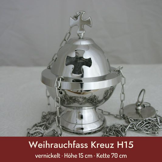 Weihrauchfass Kreuz H15 – vernickelt · Höhe 15 cm · Kette 70 cm