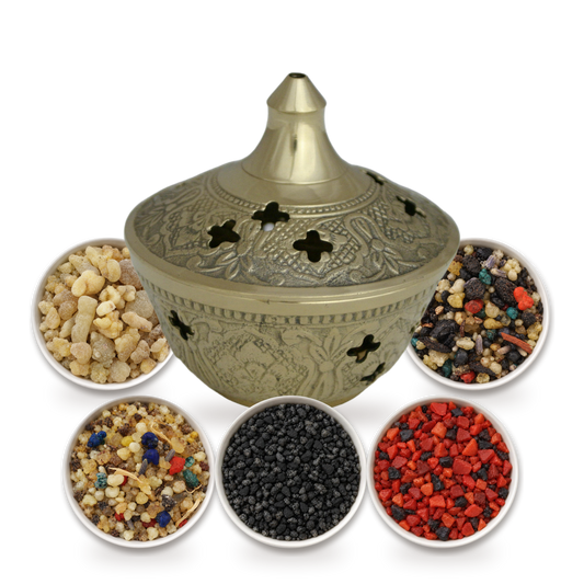 Räucherset D7 mit Weihrauchschale aus Messing: Weihrauchschale D7 mit fünf Schalen Weihrauch – Oman Ecclesia, Arabisch Dunkel, Arabisch Hell, Lourdes Schwarz, Salomon