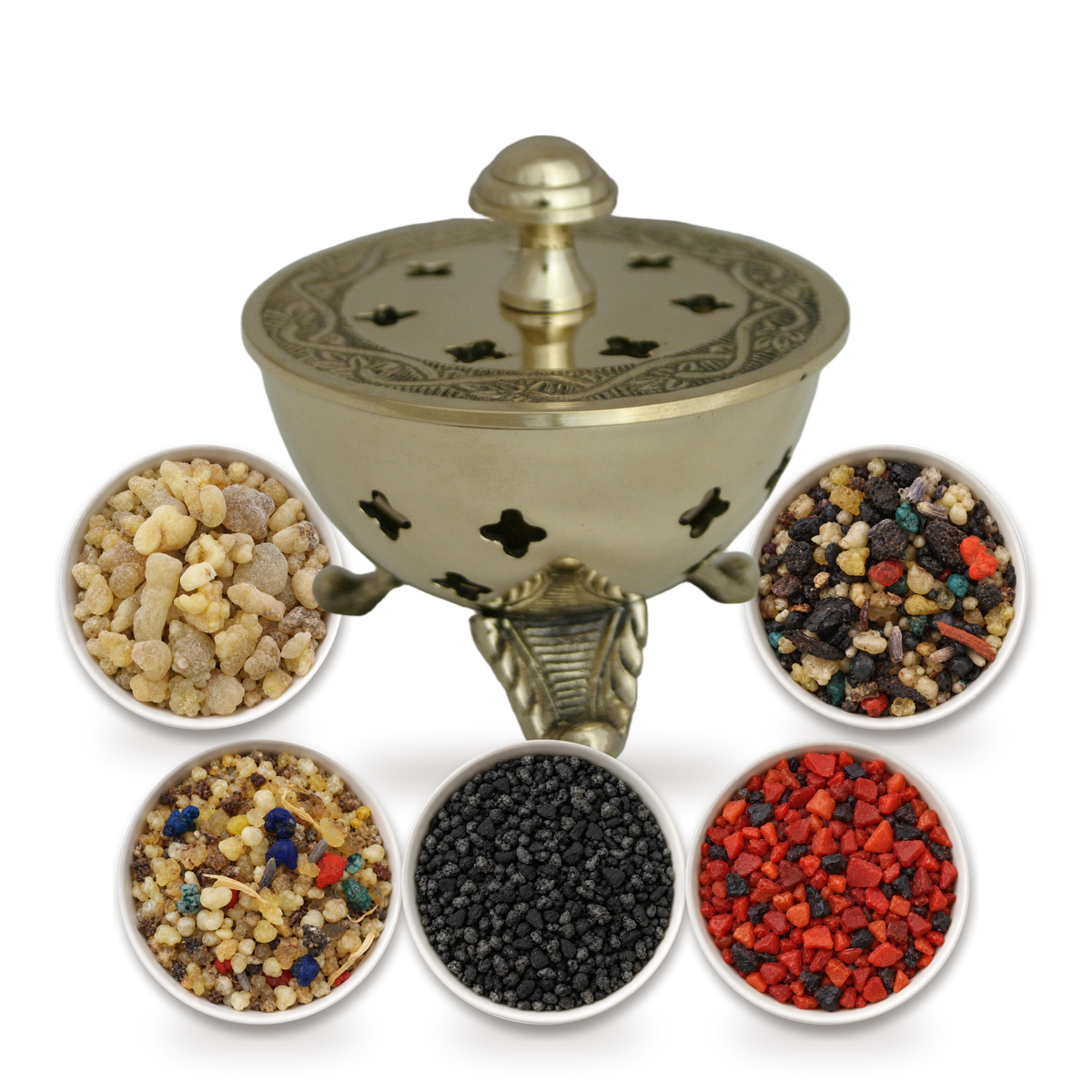 Räucherset Dreifuß mit Weihrauchschale aus Messing: Weihrauchschale Dreifuß mit fünf Schalen Weihrauch – Oman Ecclesia, Arabisch Dunkel, Arabisch Hell, Lourdes Schwarz, Salomon