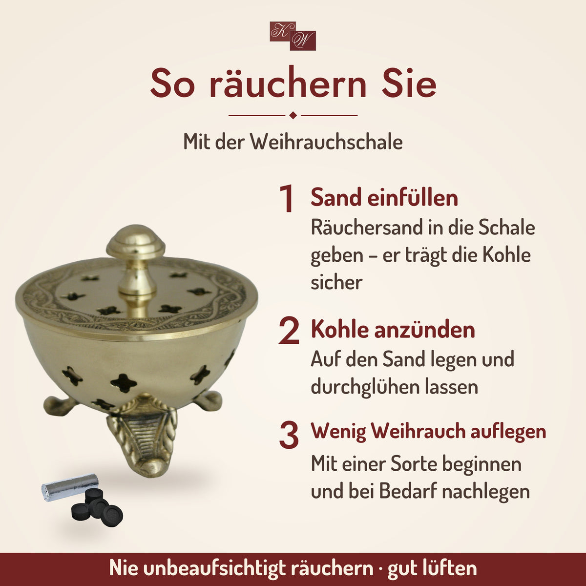 Räucherset Dreifuß mit Weihrauchschale aus Messing – so räuchern Sie in drei Schritten