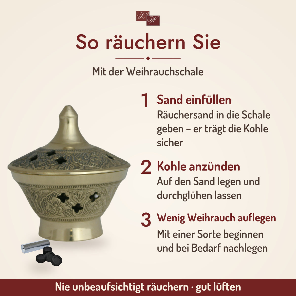 Räucherset D8 mit Weihrauchschale aus Messing – so räuchern Sie in drei Schritten