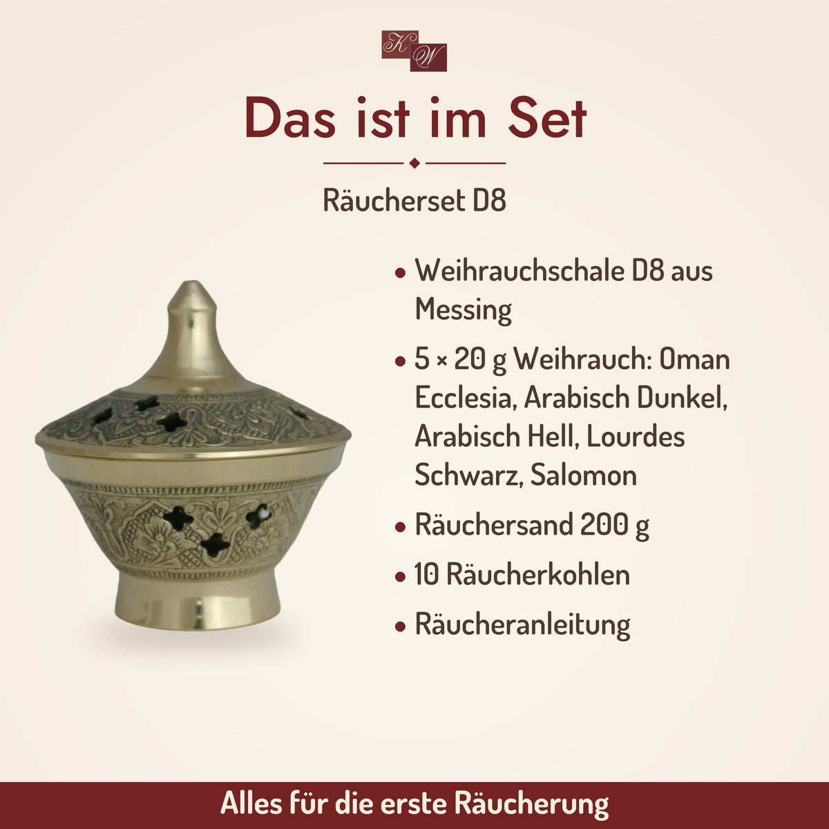 Räucherset D8 mit Weihrauchschale aus Messing – Lieferumfang: Weihrauchschale D8 aus Messing, 5 × 20 g Weihrauch: Oman Ecclesia, Arabisch Dunkel, Arabisch Hell, Lourdes Schwarz, Salomon, Räuchersand 200 g, 10 Räucherkohlen, Räucheranleitung
