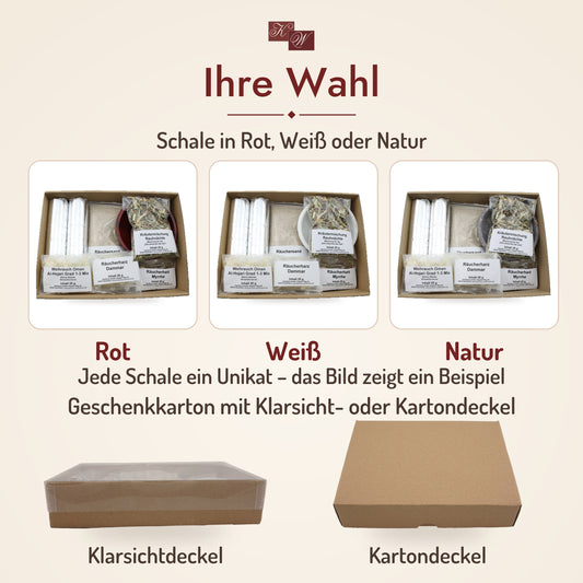 Räucherset Rauhnächte mit Specksteinschale – Ihre Wahl: Schale in Rot, Weiß oder Natur, Geschenkkarton mit Klarsicht- oder Kartondeckel