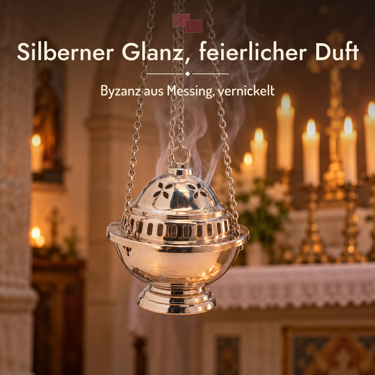 Weihrauchfass Byzanz aus Messing, vernickelt in Gebrauch – Stimmungsbild in der Kirche