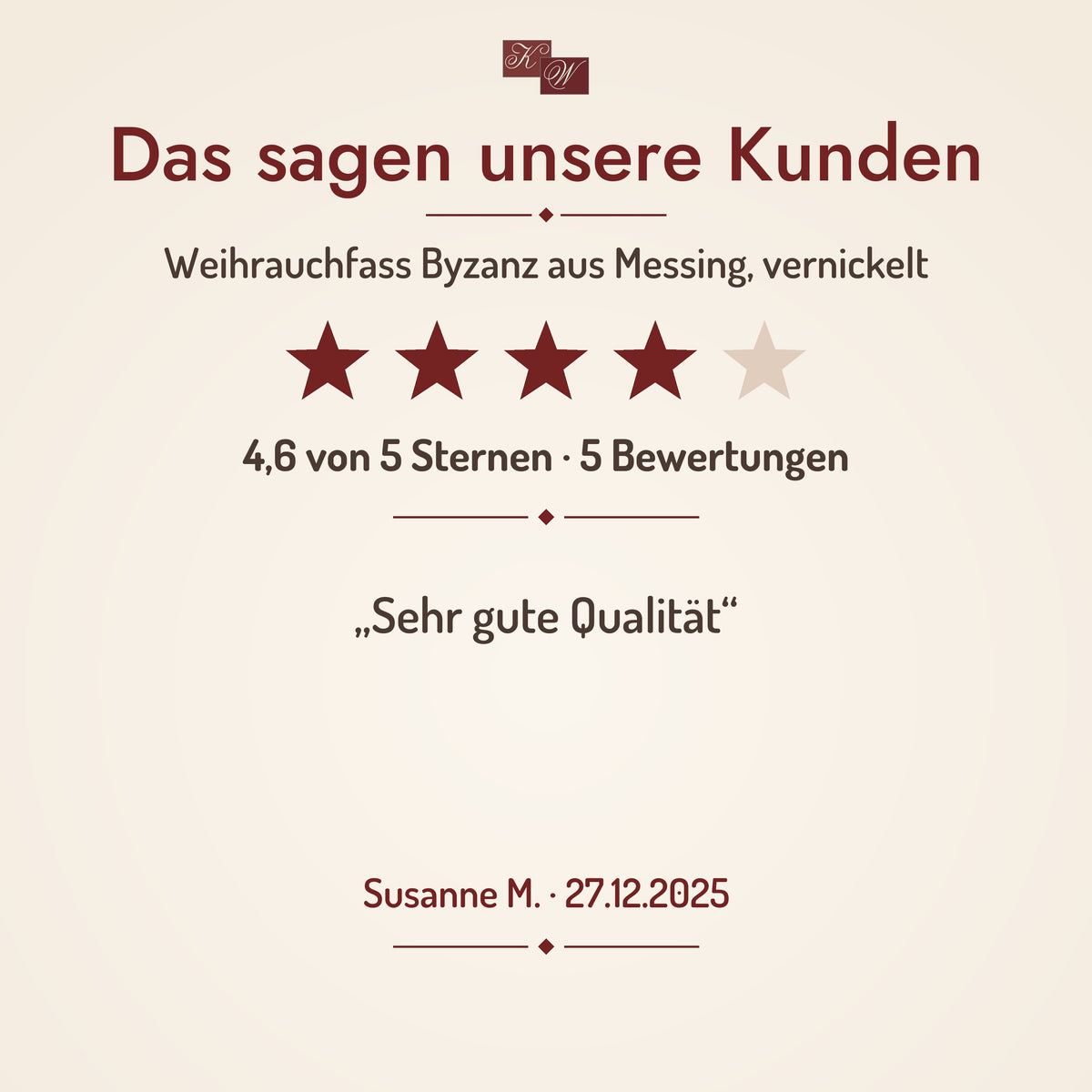 Weihrauchfass Byzanz aus Messing, vernickelt – Kundenstimme mit Sternebewertung