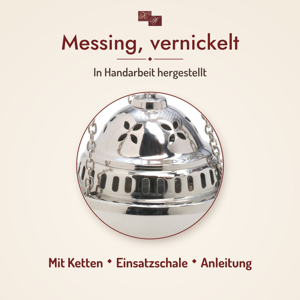 Weihrauchfass Byzanz aus Messing, vernickelt – Material im Detail, in Handarbeit hergestellt; mit Ketten, Einsatzschale und Anleitung