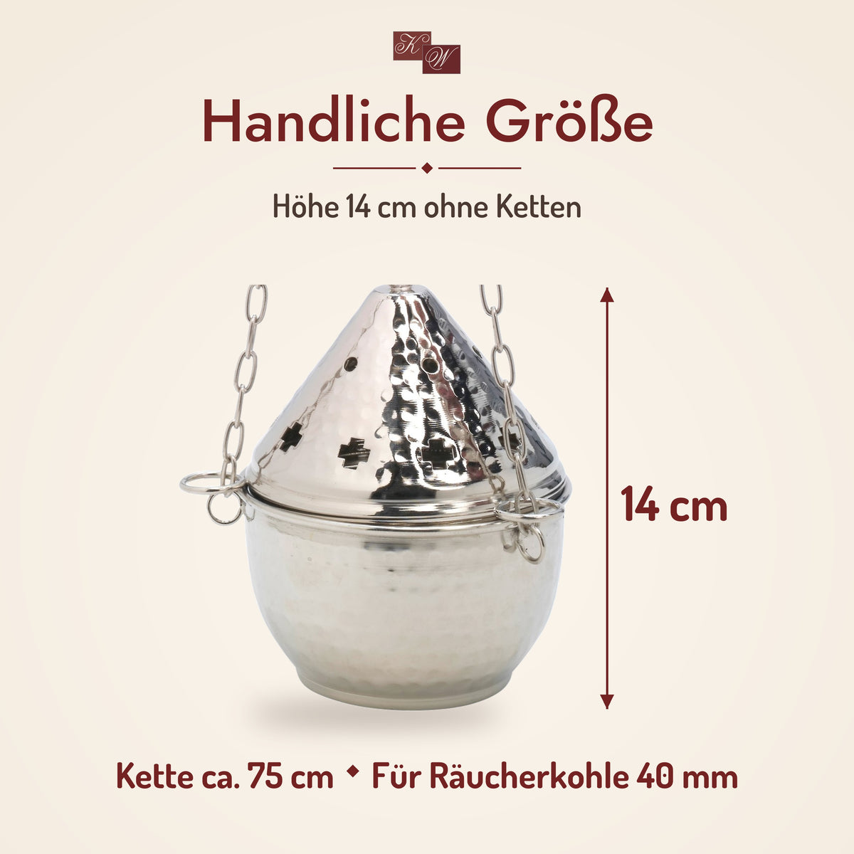 Weihrauchfass H14 aus gehämmertem Messing, vernickelt – Größe: Höhe 14 cm ohne Ketten