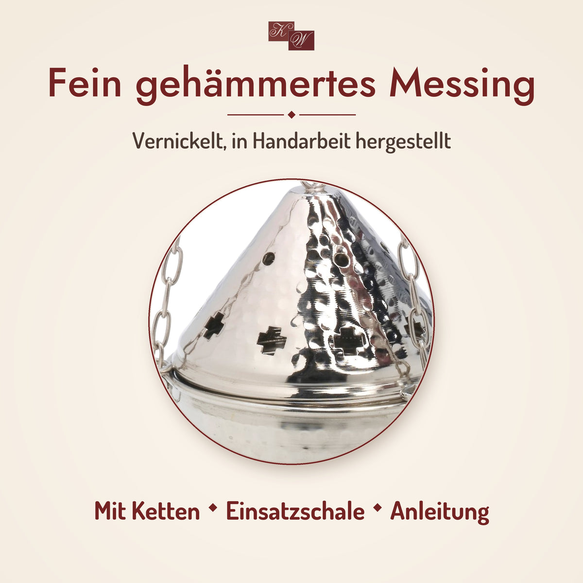 Weihrauchfass H14 aus gehämmertem Messing, vernickelt – Material im Detail, in Handarbeit hergestellt; mit Ketten, Einsatzschale und Anleitung