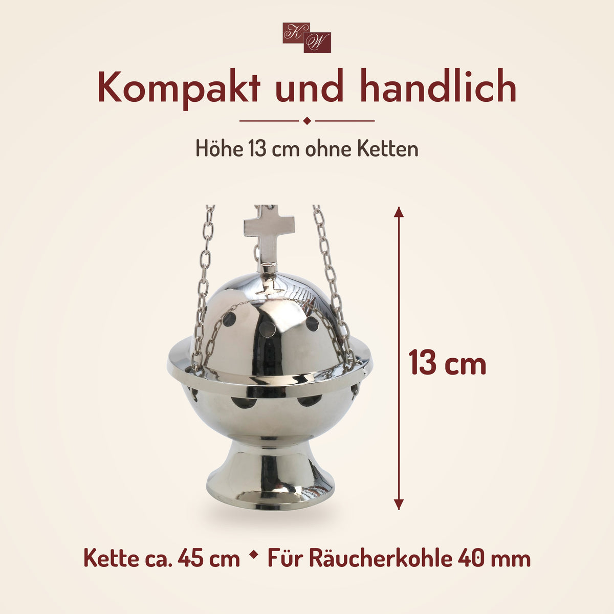 Weihrauchfass Kreuz H13 aus Messing, vernickelt – Größe: Höhe 13 cm ohne Ketten