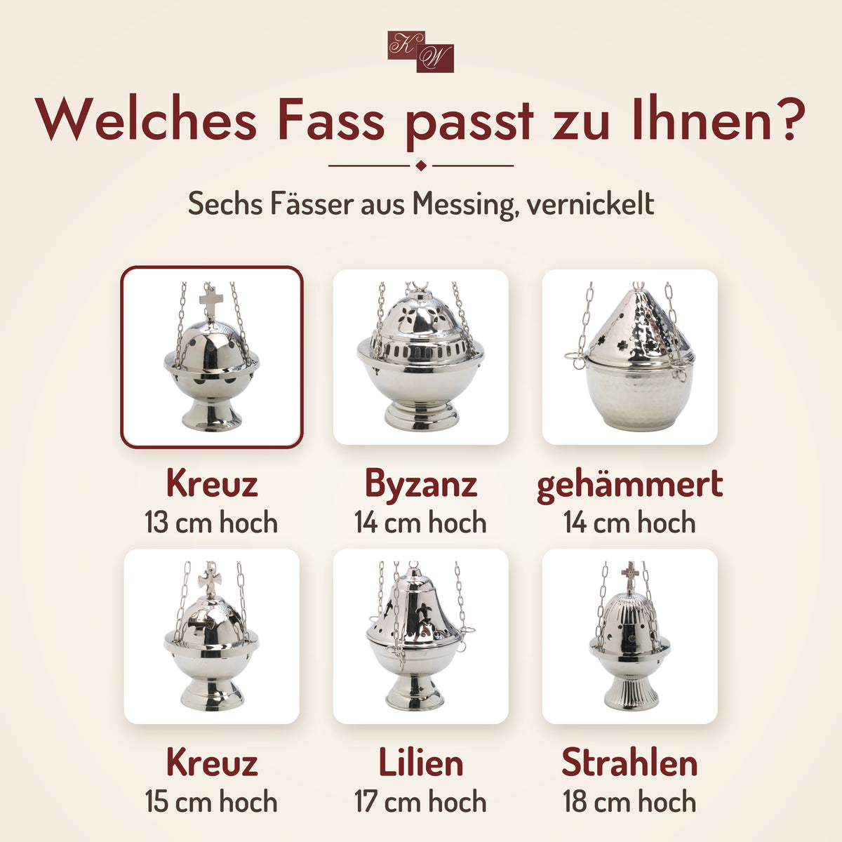 Weihrauchfass Kreuz H13 aus Messing, vernickelt – Auswahl: welches Weihrauchfass passt zu Ihnen?
