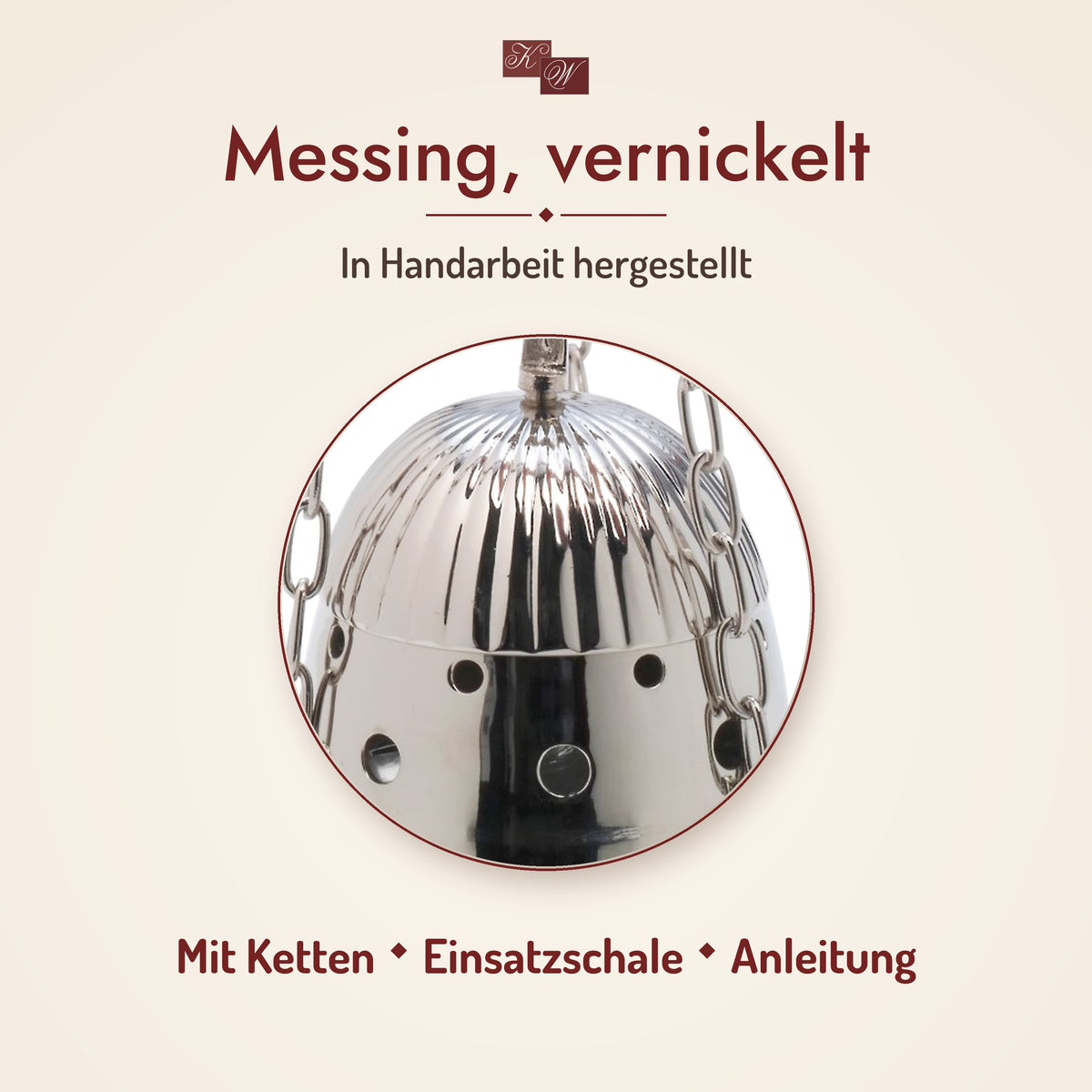Weihrauchfass Strahlen aus Messing, vernickelt – Material im Detail, in Handarbeit hergestellt; mit Ketten, Einsatzschale und Anleitung
