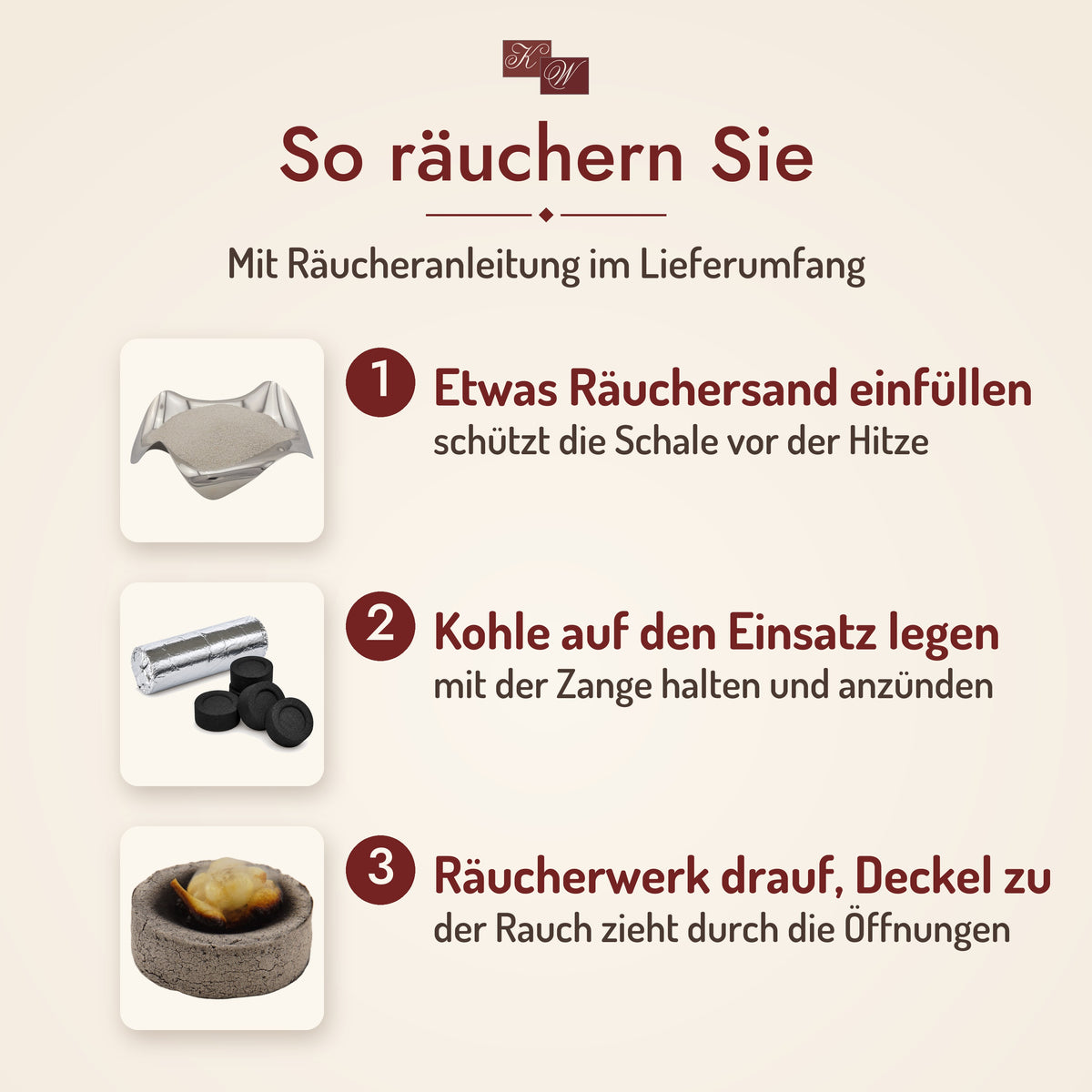 Weihrauchschale D8 aus Messing – so räuchern Sie: Räuchersand einfüllen, Kohle auflegen, Räucherwerk drauf