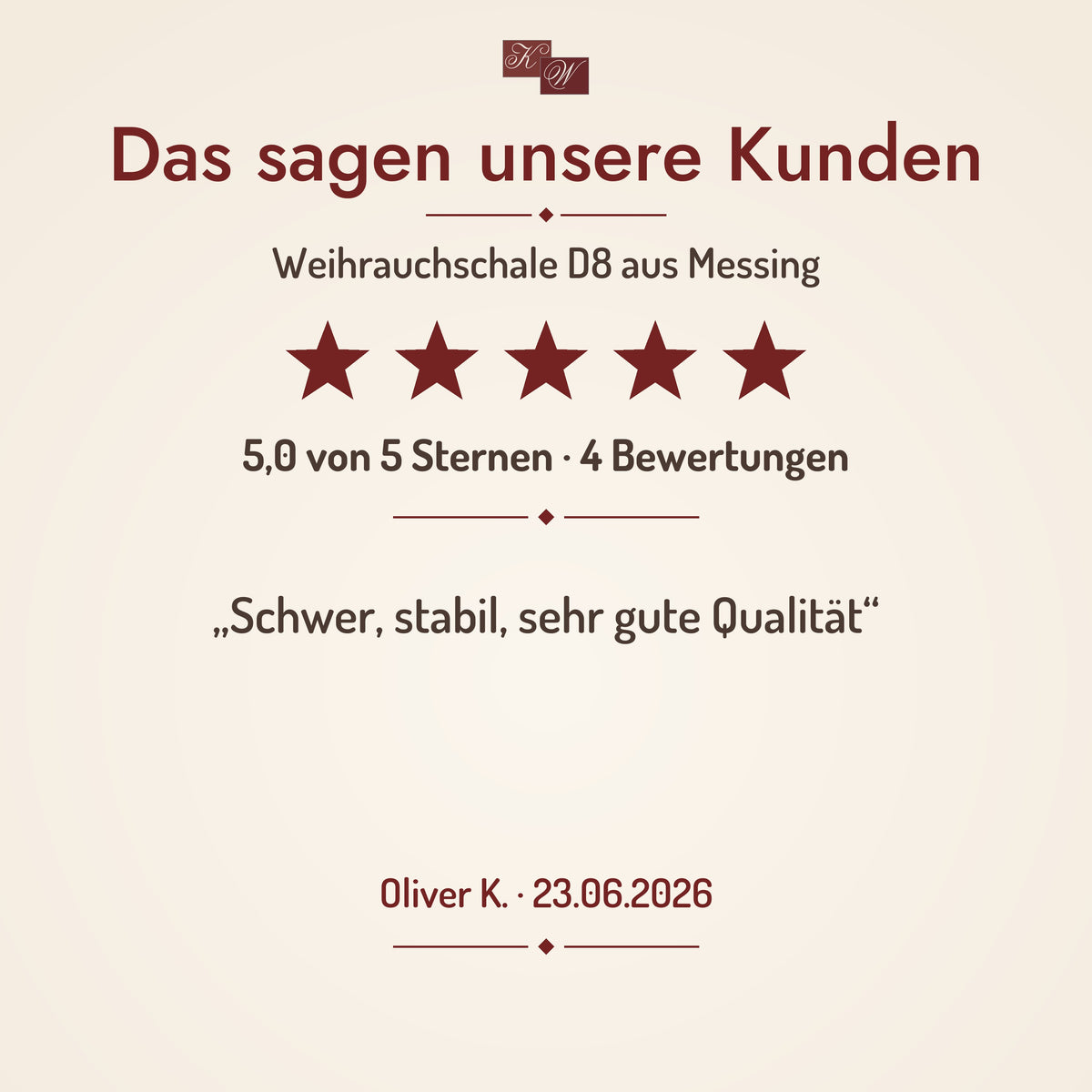 Weihrauchschale D8 aus Messing – Kundenstimme mit Sternebewertung