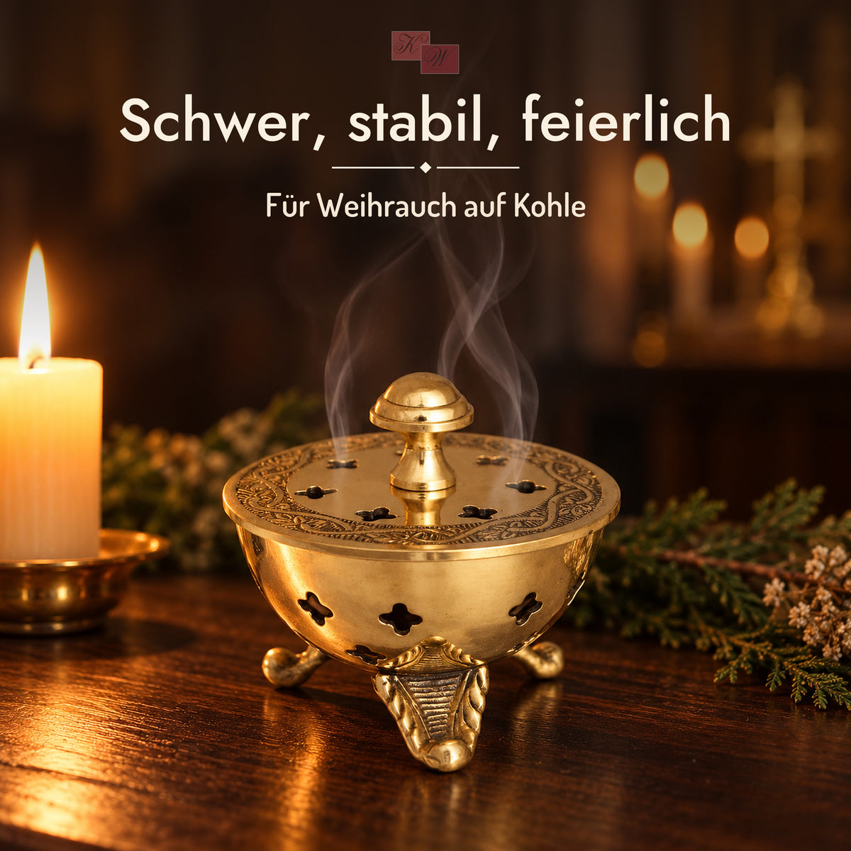 Weihrauchschale Dreifuß aus Messing – Stimmungsbild am Abend mit Kerze