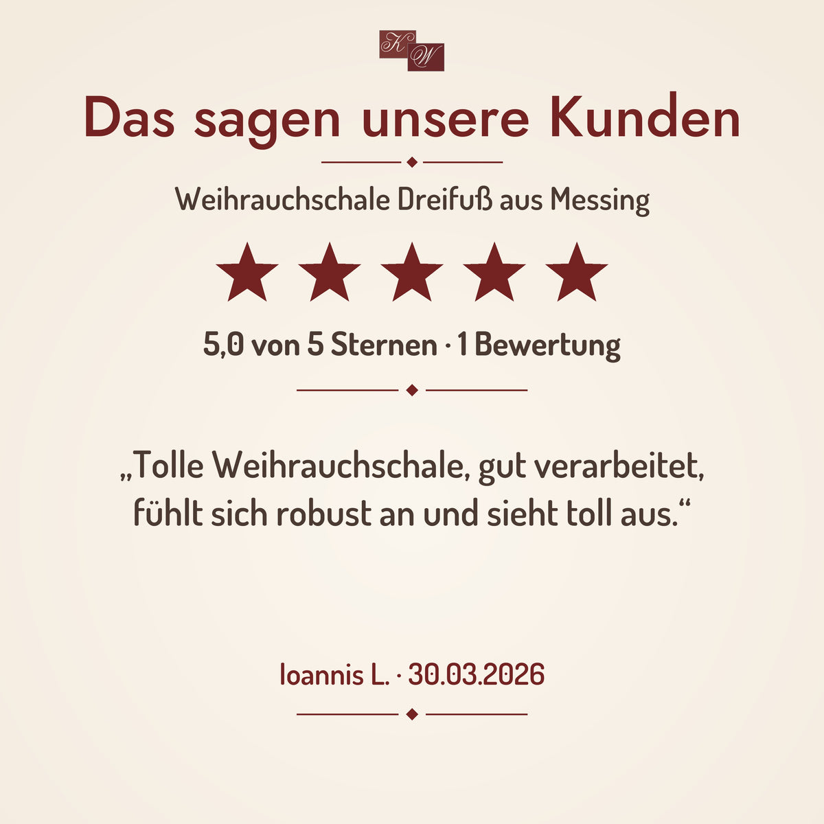 Weihrauchschale Dreifuß aus Messing – Kundenstimme mit Sternebewertung