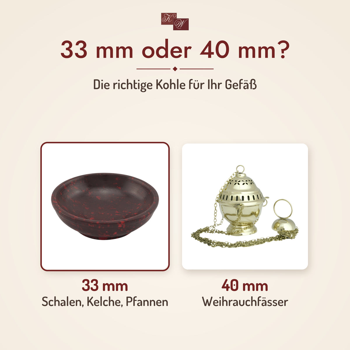 Räucherkohle 33 mm – 33 mm für Schalen, Kelche und Pfannen, 40 mm für Weihrauchfässer
