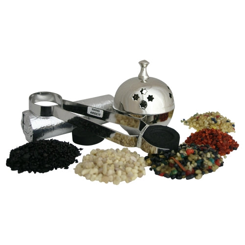 Räucherset Kugel - mit je 20 g Oman-Weihrauch Ecclesia, Weihrauch Arabisch Dunkel, Weihrauch Arabisch Hell, Weihrauch Lourdes Schwarz und Weihrauch Salomon - Weihrauchgefäß Kugel H 10 cm - Räucherzange und 10 Räucherkohlen