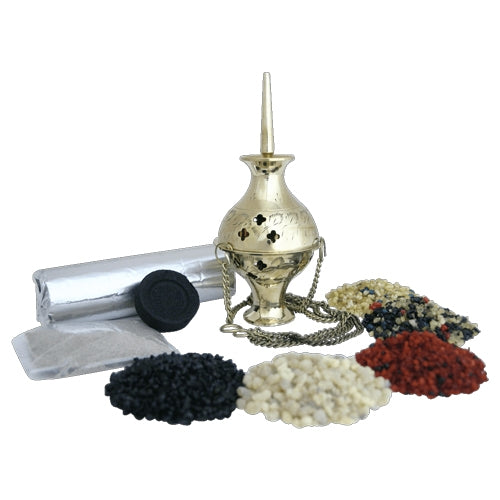 Räucherset Ampel – mit je 20 g Oman-Weihrauch Ecclesia, Weihrauch Arabisch Dunkel, Weihrauch Arabisch Hell, Weihrauch Lourdes Schwarz und Weihrauch Salomon – Weihrauchgefäß Ampel H 16 cm - 50 g Räuchersand und 10 Räucherkohlen