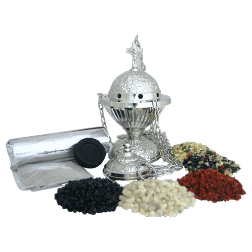 Räucherset Barock - mit je 20 g Oman-Weihrauch Ecclesia, Weihrauch Arabisch Dunkel, Weihrauch Arabisch Hell, Weihrauch Lourdes Schwarz und Weihrauch Salomon – Weihrauchgefäß Barock H 18 cm – 100 g Räuchersand und 10 Räucherkohlen (40mm)