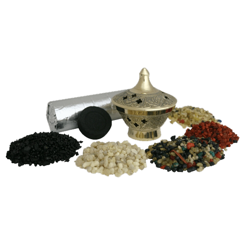 Räucherset Weihrauchschale D8 – 7-teilig – 20 g Oman-Weihrauch Ecclesia, 4x Kirchenweihrauch, Messingschale D 8 cm, Räuchersand & Kohle