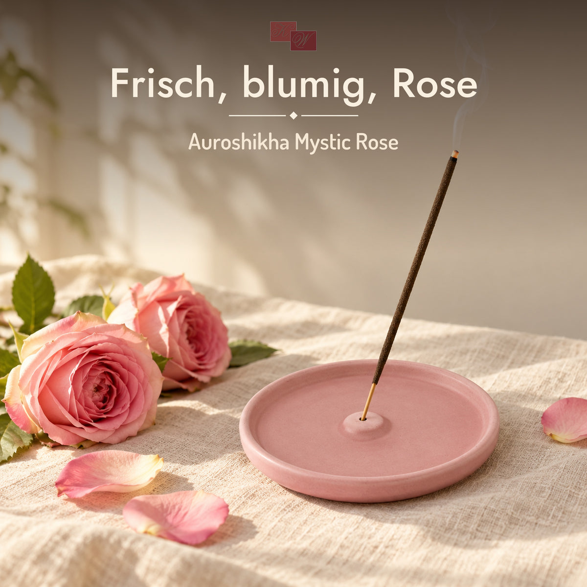 Auroshikha Mystic Rose Räucherstäbchen – glimmendes Räucherstäbchen im Halter mit Rosen, Duft: frisch, blumig, Rose