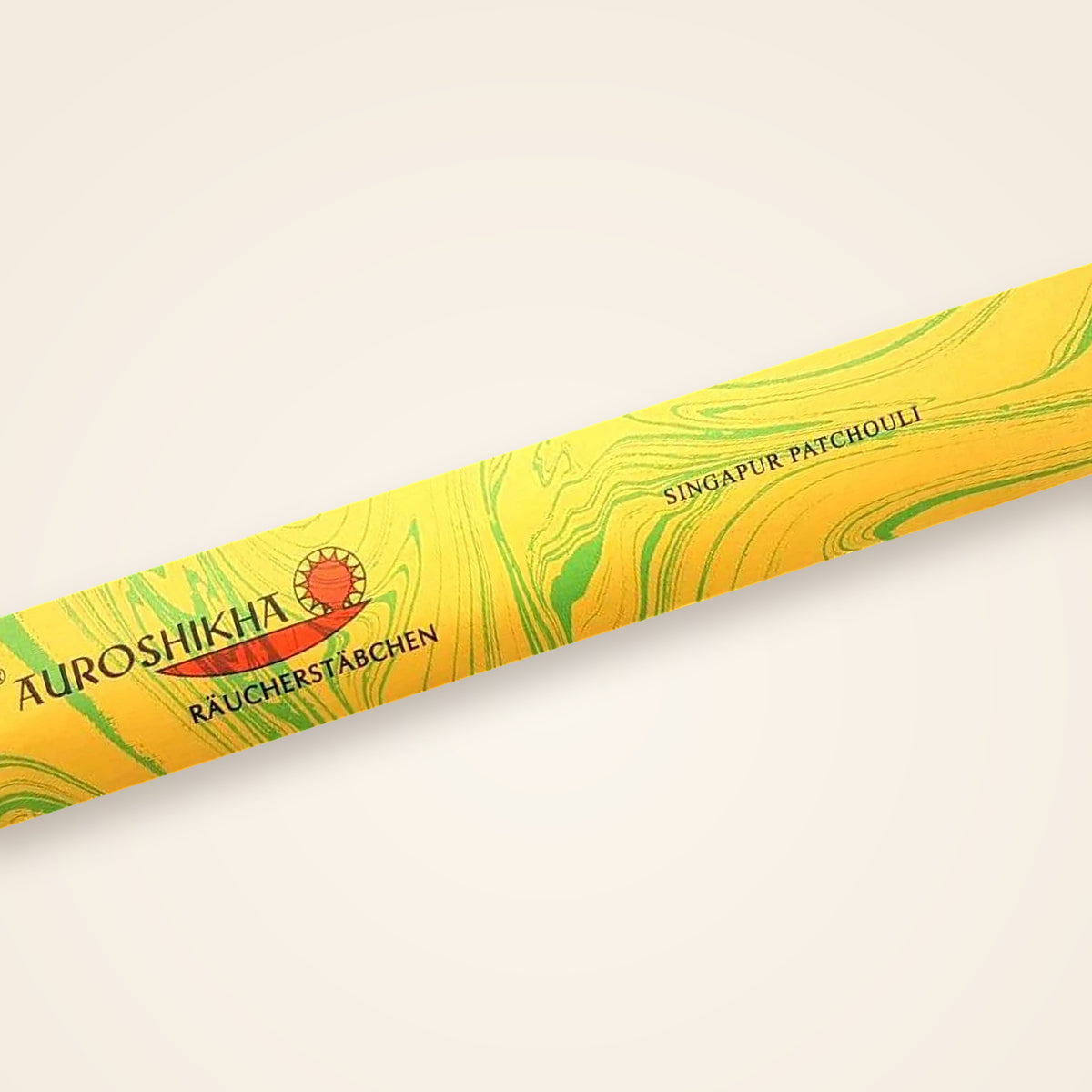 Auroshikha Singapur Patchouli Räucherstäbchen – Packung in der Nahansicht