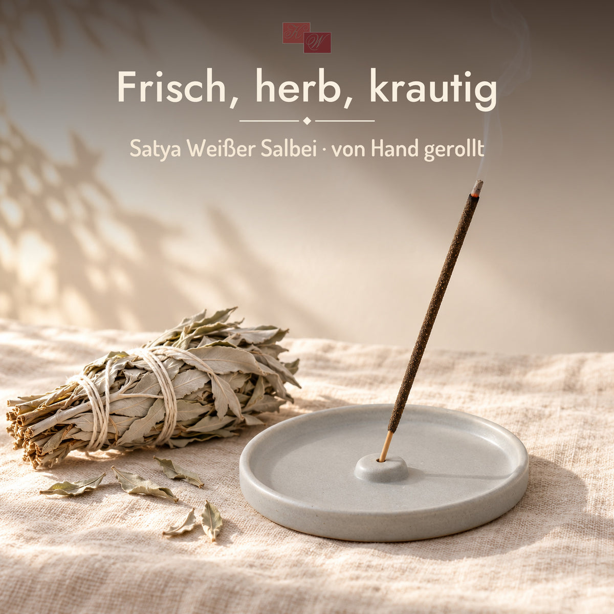 Satya Weißer Salbei Räucherstäbchen – glimmendes Räucherstäbchen im Halter mit weißem Salbei, Duft: frisch, herb, krautig