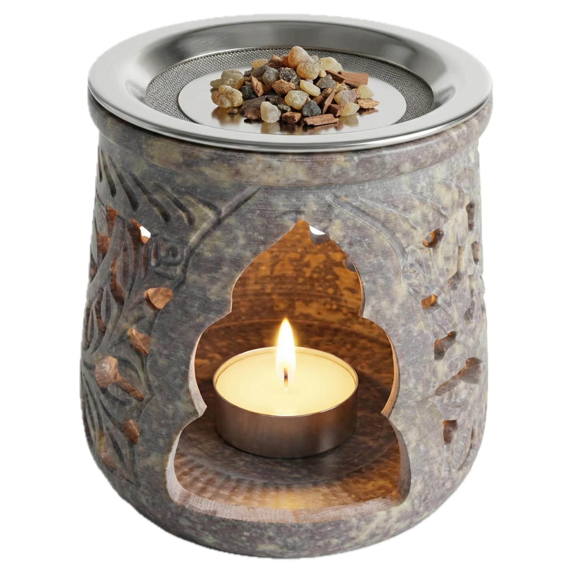 Räucherstövchen Jamal aus Speckstein mit Edelstahlsieb