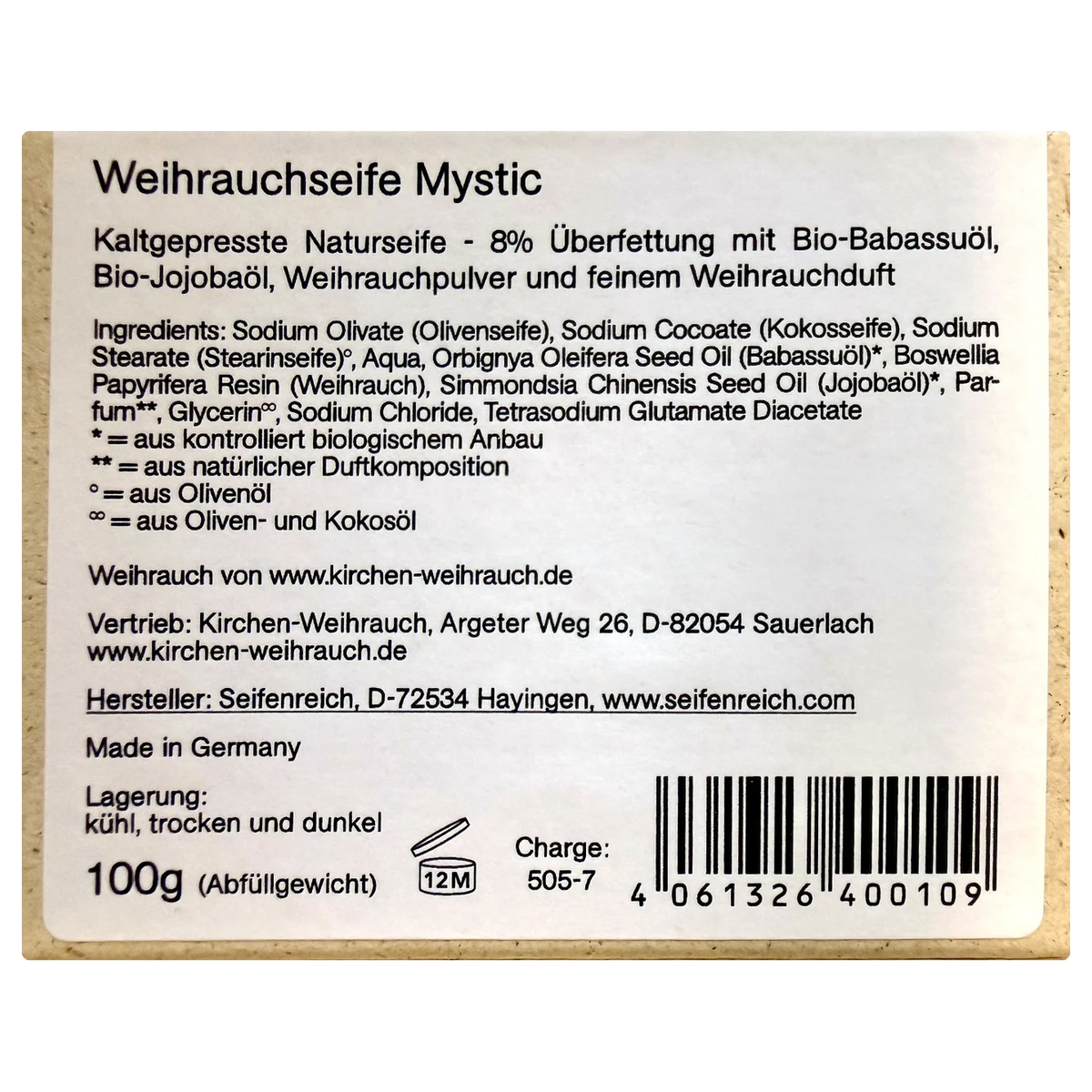 Rückseite der Weihrauchseife Mystic mit Zutaten, 8 % Überfettung mit Bio-Babassuöl und Bio-Jojobaöl
