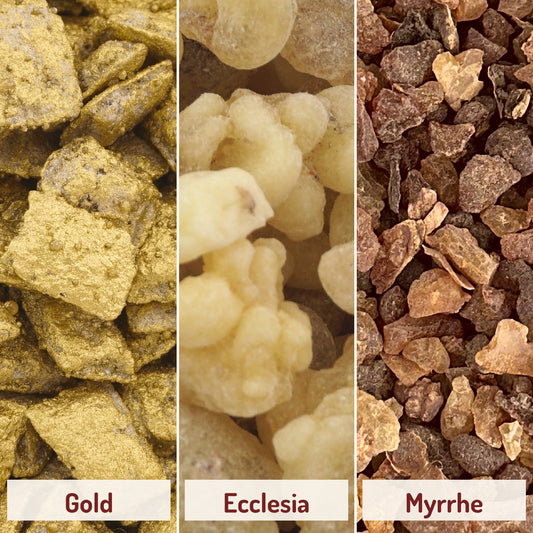 Weihrauchset Gold, Weihrauch und Myrrhe – Nahaufnahmen der drei Sorten