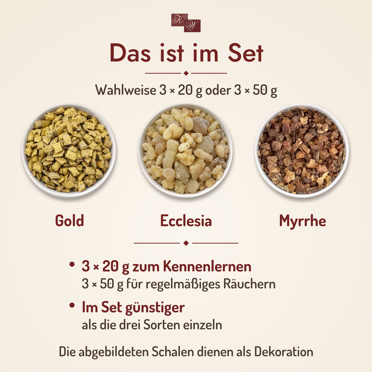 Weihrauchset Gold, Weihrauch und Myrrhe – Lieferumfang: wahlweise 3 × 20 g oder 3 × 50 g