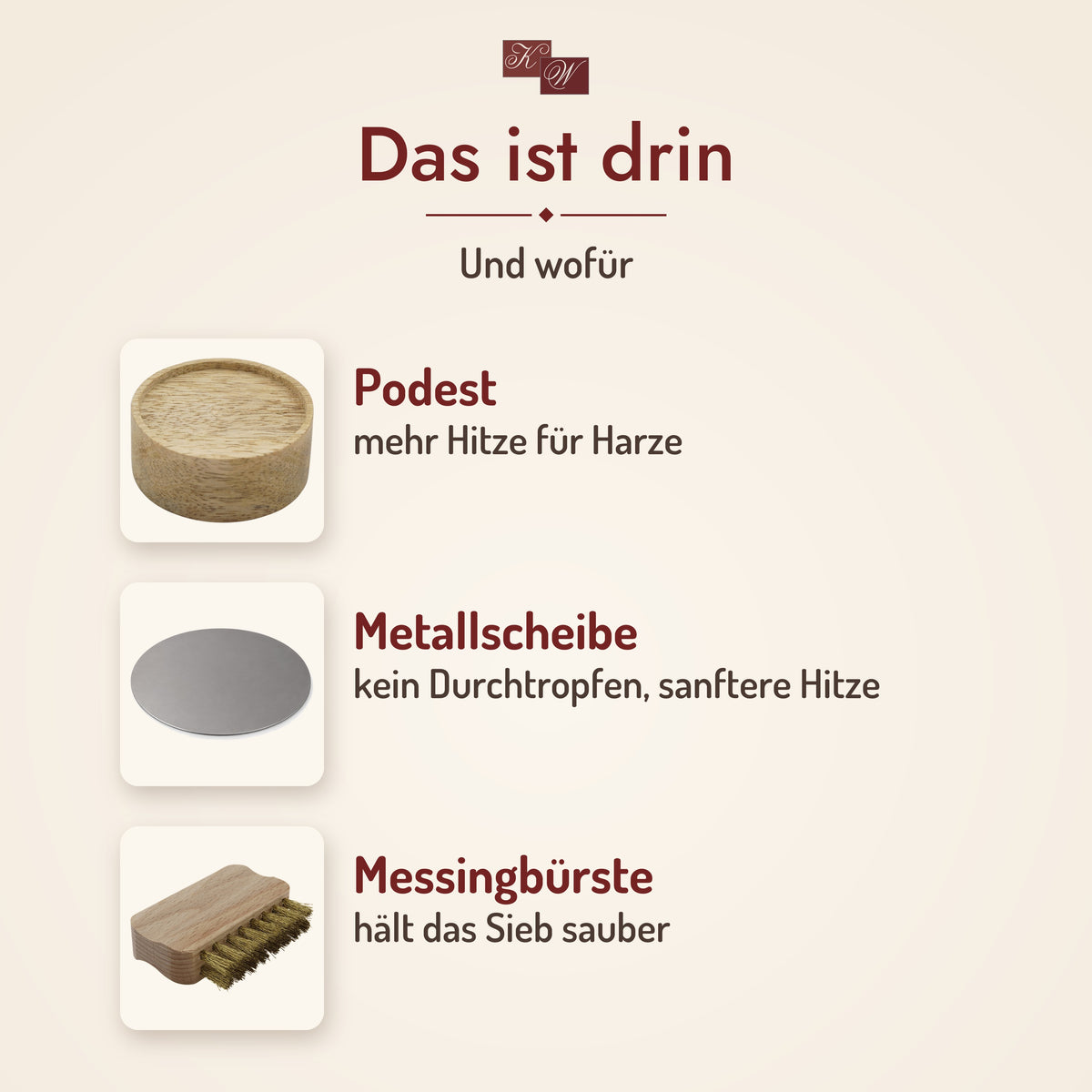 Zubehörset Podest, Metallscheibe und Messingbürste – das ist drin und wofür