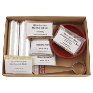 Räucherset „Gold - Weihrauch - Myrrhe“ 9-tlg. – 20 g Oman-Weihrauch, Myrrhe & Byzantinischer Weihrauch – Im Geschenkkarton mit Klarsichtdeckel