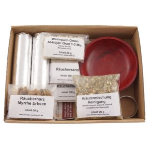 Räucherset „Hausreinigung“ 9-tlg. – 20 g Premium Oman Al-Hojari, Myrrhe & Kräutermischung Reinigung, Specksteinschale, Räuchersand & Kohle – Im Geschenkkarton mit Klarsichtdeckel