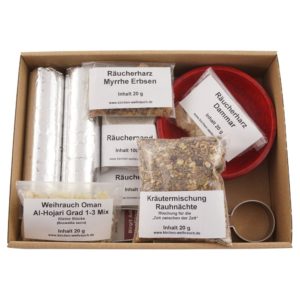 Räucherset „Rauhnächte“ 10-tlg. – 20 g Kräutermischung, Premium Oman Al-Hojari, Myrrhe & Dammar, Specksteinschale rot, Räuchersand & Kohle – Im Geschenkkarton mit Klarsichtdeckel