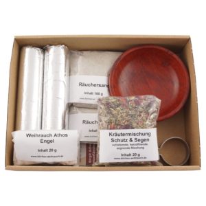 Räucherset „Schutz und Segen“ 8-tlg. – 20 g Kräutermischung & Weihrauch, Räuchersand & Kohle – Nachhaltiger Geschenkkarton mit Kartondeckel