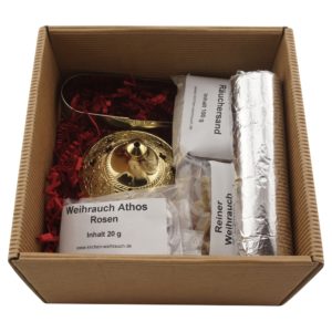 Geschenkset Gold - Weihrauchgefäß Gold, mit je 20 g Weihrauch Athos Rosen und Reiner Weihrauch, Räuchersand, Räucherkohle 30mm und Räucherzange