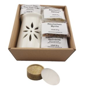 Geschenkset „Rauhnächte“ 7-tlg. – Räucherstövchen Sternenblume, Premium Weihrauch Al-Hojari Mix, Myrrhe, Dammar & Kräutermischung Rauhnächte – Mit Zubehör & Anleitung – Hochwertige Geschenkbox