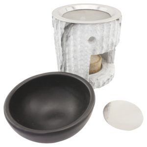 Duftlampe und Räucherstövchen aus Keramik/Steinoptik mit Schale, Edelstahlsieb, Metallscheibe und Podest – Design „Desna” – H 10/12,5 cm – Bild 2