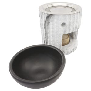 Duftlampe und Räucherstövchen aus Keramik/Steinoptik mit Schale, Edelstahlsieb, Metallscheibe und Podest – Design „Desna” – H 10/12,5 cm – Bild 3